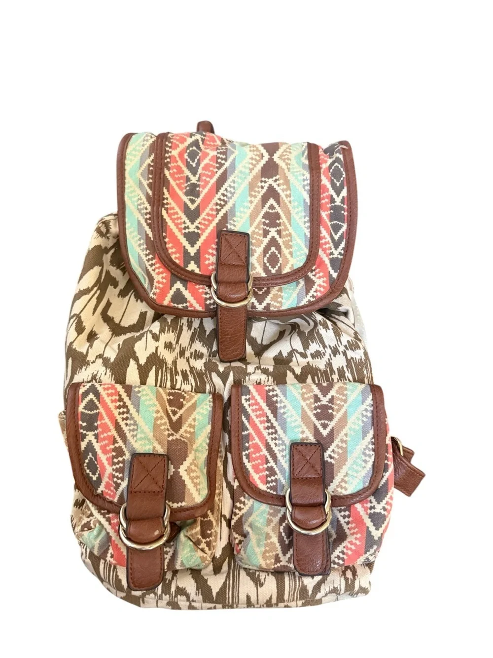 Call It Spring Aztec Canvas Backpack in Brown, Coral & Teal